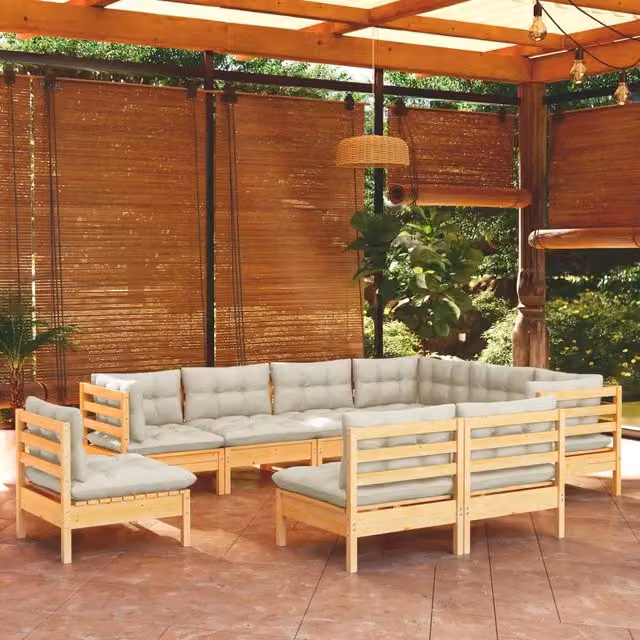 Set di Divani da Giardino vidaXL in Legno di Pino con Cuscini Beige, 9 Pezzi – 1