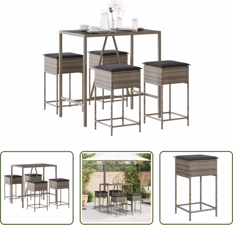 The Living Store Set bar da giardino 5 pezzi con cuscini in poly rattan grigio