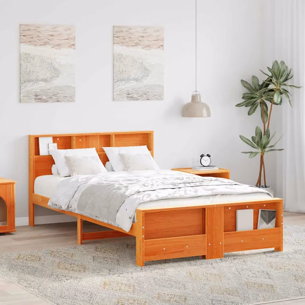 Struttura letto con scaffale in legno di pino vidaXL, colore marrone cerato, L: 139 cm, P: 190 cm, H: 200 cm – 1