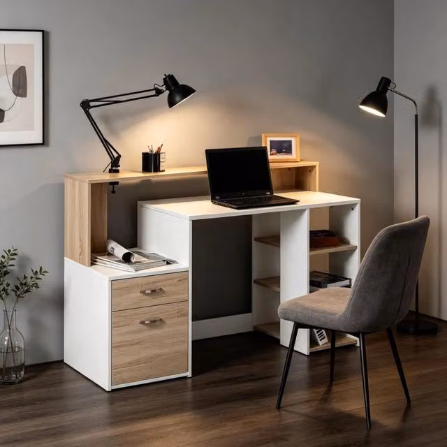 Scrivania Mivray per home office e camera da letto, design moderno in MDF bianco e rovere, L/P/H: 137 x 55 x 92 cm