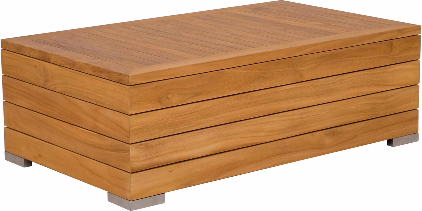 Tavolino da caffè in teak massello e acciaio inossidabile, modello Korsika, dimensioni 120x70 cm, resistente alle intemperie