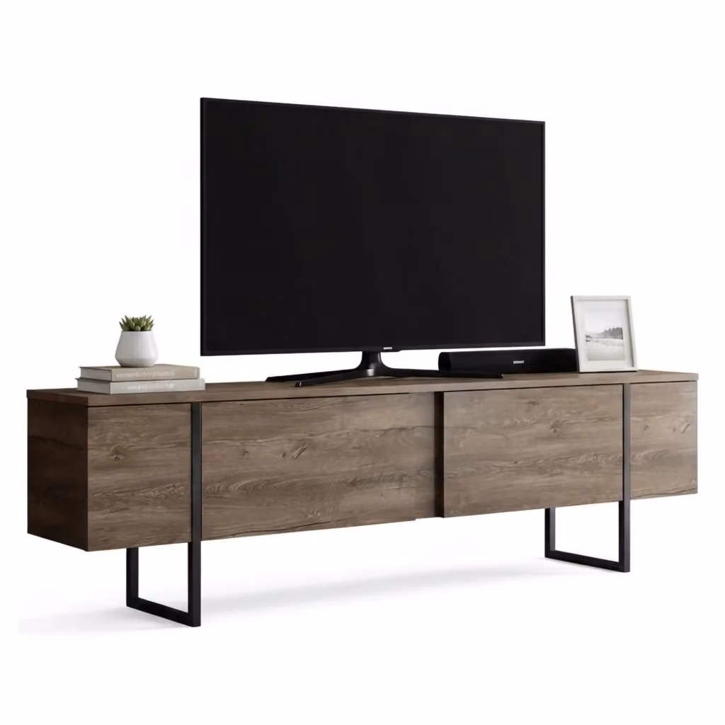 Mobile porta TV moderno DMORA con cassetti in legno e metallo, Marrone e Nero, L: 180 cm, P: 30 cm, H: 50 cm – 2