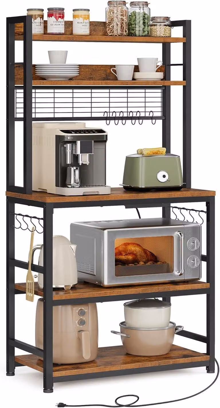 Ripiano portaoggetti da cucina con prese elettriche e 14 ganci - Ripiano per microonde 40 x 80 x 170 cm - Con ciabatta multipresa - Realizzato in truciolato e acciaio