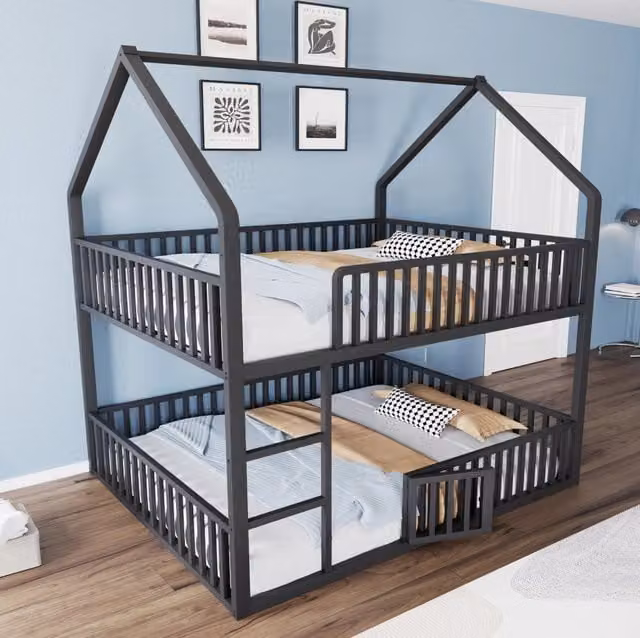 Letto a castello 140x200 cm a forma di casa con scaletta frontale in metallo nero