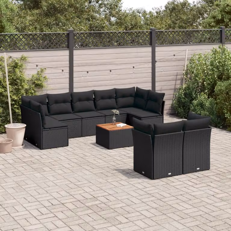 Set di Divani da Giardino vidaXL 10 Pezzi in Polyrattan Nero con Cuscini e Tavolino da Caffè