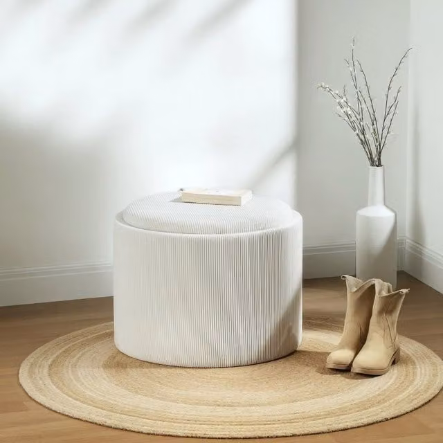Pouf contenitore rotondo WISHDOR con seduta imbottita in tessuto, colore bianco, Ø56 x 42 cm