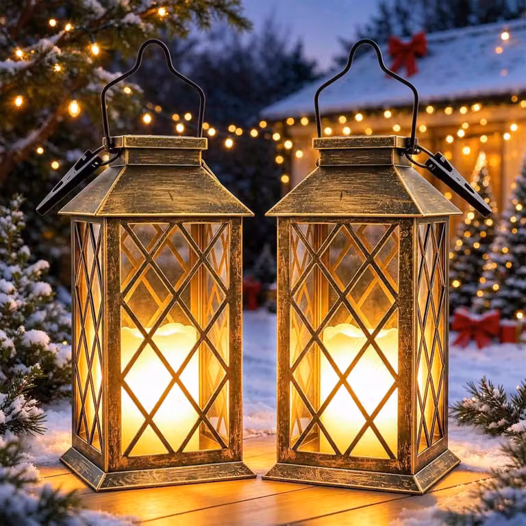 Set di 2 lanterne solari, impermeabili, con effetto luce tremolante, color bronzo