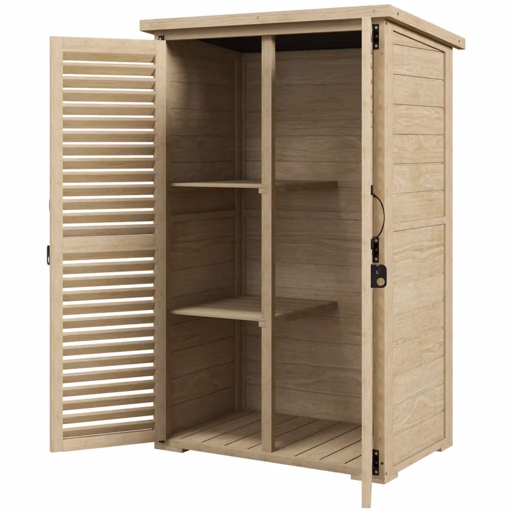 Armadio da esterno in legno di abete beige con 2 ripiani e picchetti, L: 75 cm, P: 50 cm, H: 111-118 cm – 2