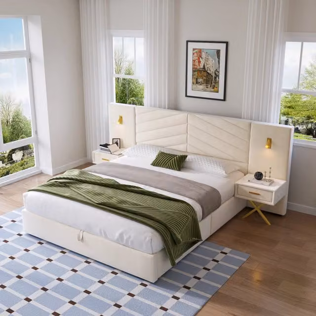 Letto contenitore matrimoniale 160 x 200 cm, 266 x 205 x 117 cm, LED, cassetti, sollevamento idraulico, rete a doghe, legno beige e bianco
