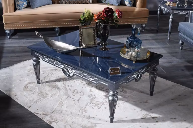 Casa Padrino tavolino barocco blu/argento 143 x 94 x h. 44 cm - tavolino da salotto in stile barocco