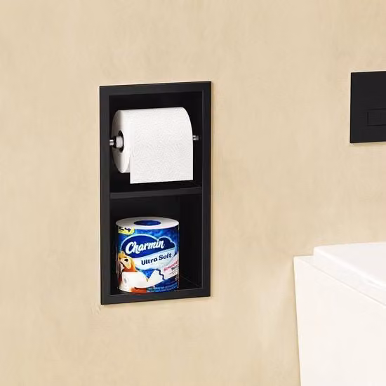 Incorporato dispensatore di carta igienica, dispensatore di carta igienica in acciaio inossidabile, dispensatore di carta igienica con dispensatore di carta igienica e spazio di stoccaggio, fissaggio al muro, doppio strato, 34 x 18 cm, nero