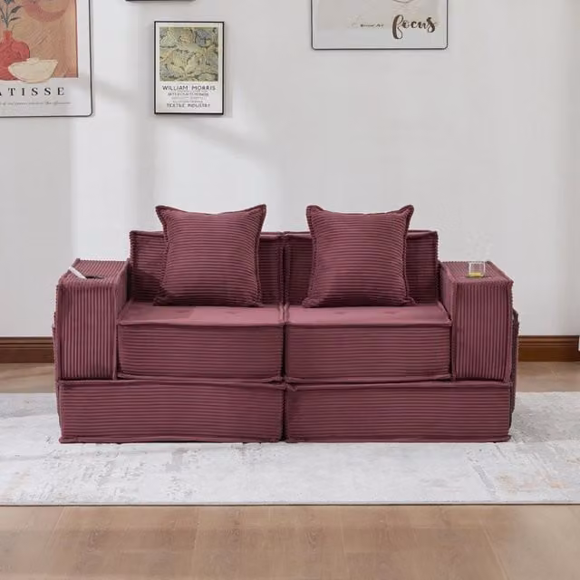 Divano modulare ULEVR 162x78x66 cm con 2 cuscini e tasche laterali, in velluto a coste rosso vino