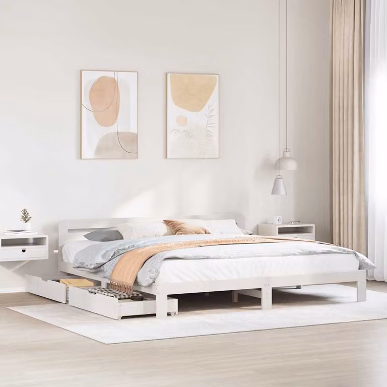 vidaXL Giroletto in legno massello di pino bianco con doghe fisse L/P/H: 200 x 200 x 65,5 cm