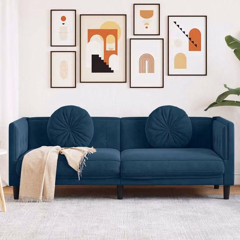 vidaXL Divano a 3 Posti Moderno in Velluto Blu con Cuscini e Struttura in Legno L: 193.5 cm, H: 77.0 cm, P: 70.0 cm
