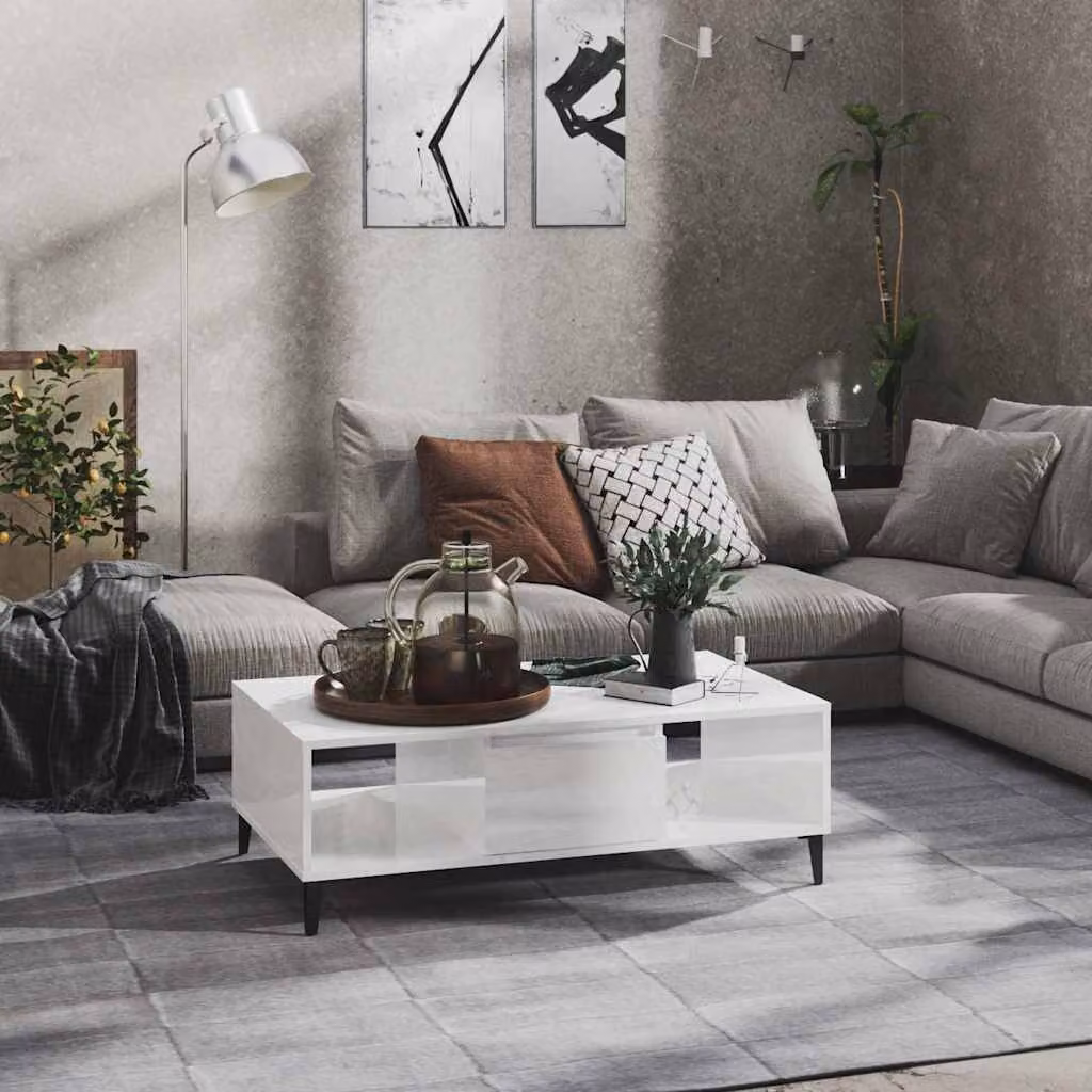 vidaXL Tavolino da salotto rettangolare in legno multistrato bianco lucido L: 103,5 cm, P: 60 cm, H: 35 cm