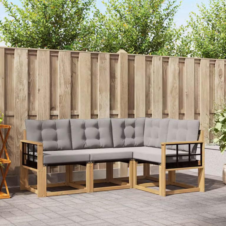 vidaXL Set di divani da esterno a L in legno di acacia con cuscini, Bianco, Grigio e Marrone