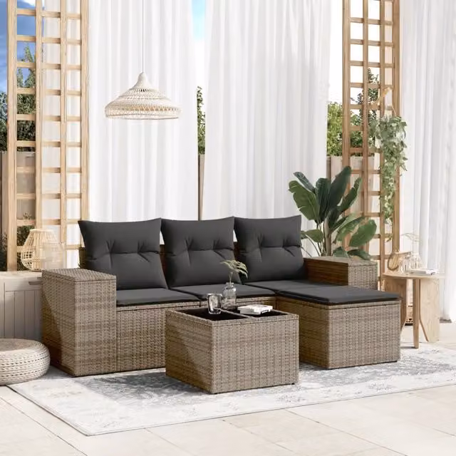 Set Divano da Giardino 5 pz con Cuscini-Sofa da Giardino-Divanetto da esterno Grigio in Polyrattan 787183