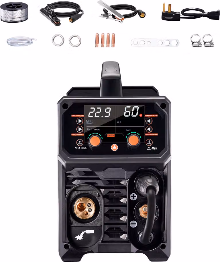 SucceBuy Saldatore MIG Pro, saldatore MIG a impulsi da 250 ampere. saldatrice sinergica 5 in 1 con tecnologia inverter IGBT e schermo LCD. Saldatura MIG a impulsi/Gas MIG/Flux Core MIG/Stick