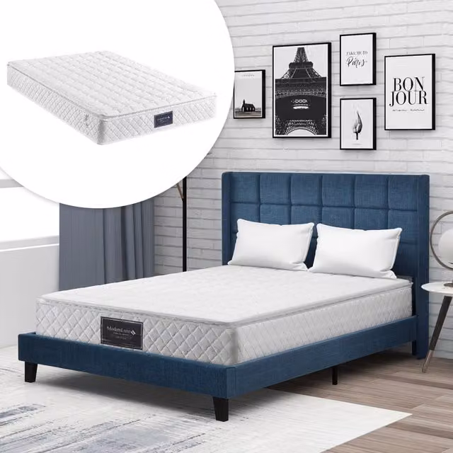 Letto matrimoniale imbottito 140×200 cm con testiera alta, materasso a molle insacchettate, in lino blu