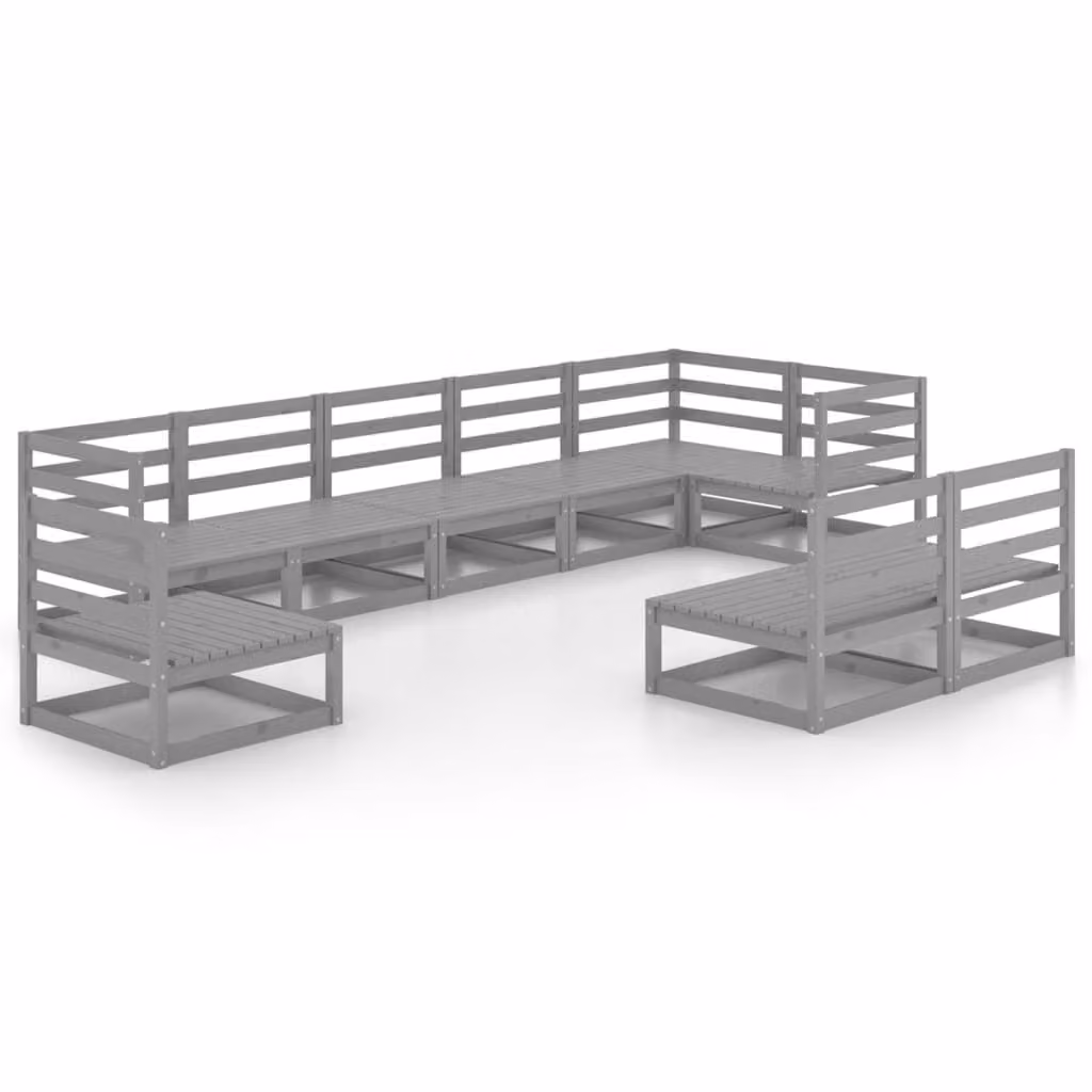 Set Divani da Giardino 9 pz Grigio in Legno Massello di Pino
