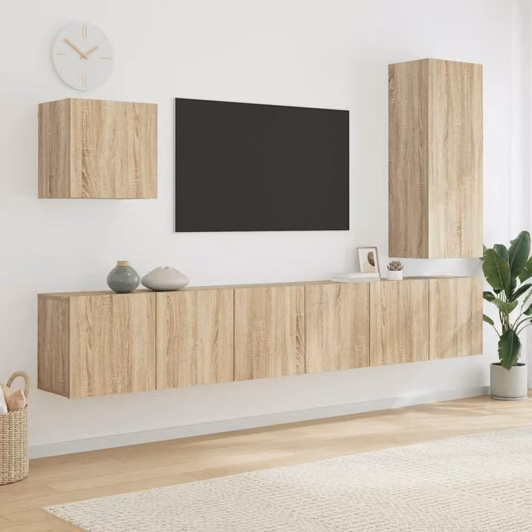 Set di 5 mobili TV da muro vidaXL in legno Rovere Sonoma, colore marrone/beige, design moderno con scomparti multimediali, L: 102 cm, H: 80 cm, P: 30 cm
