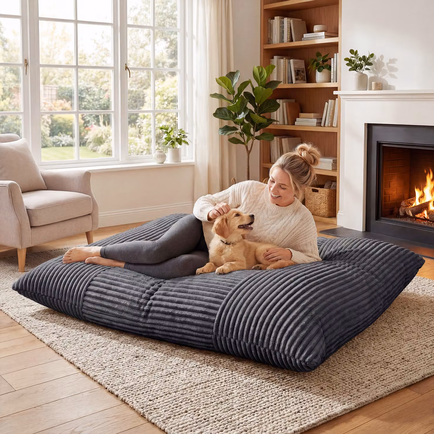 Pouf a sacco Costway in velluto a coste con fodera sfoderabile per adulti e bambini, ideale per soggiorno e camera da letto, Grigio