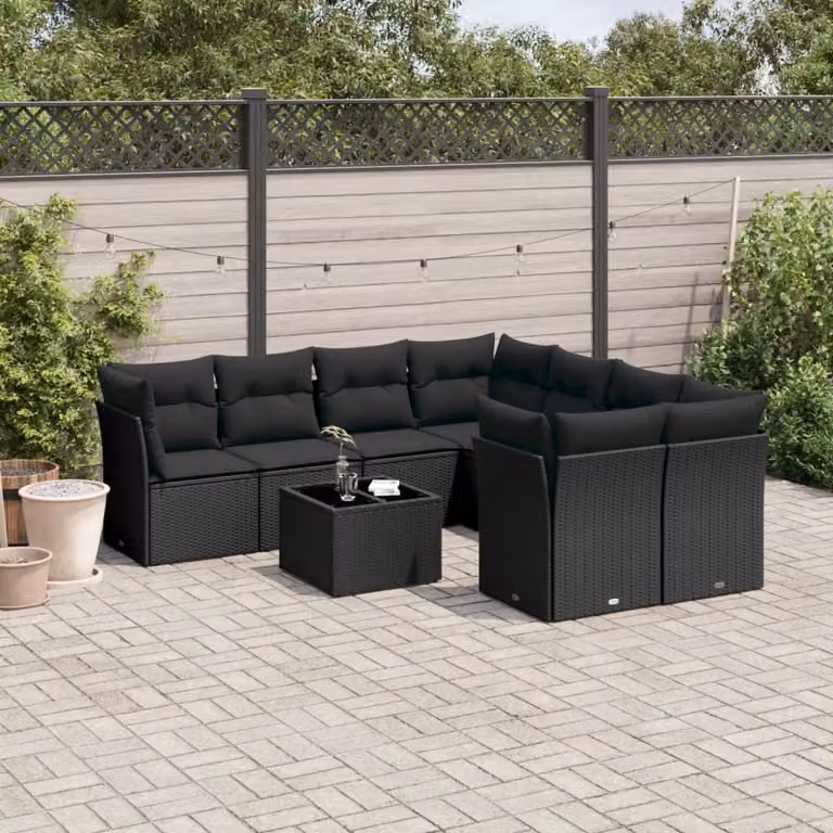 Set Divani da Giardino vidaXL 9 pz a Forma a L con Cuscini e Tavolino Nero in Polyrattan e Acciaio