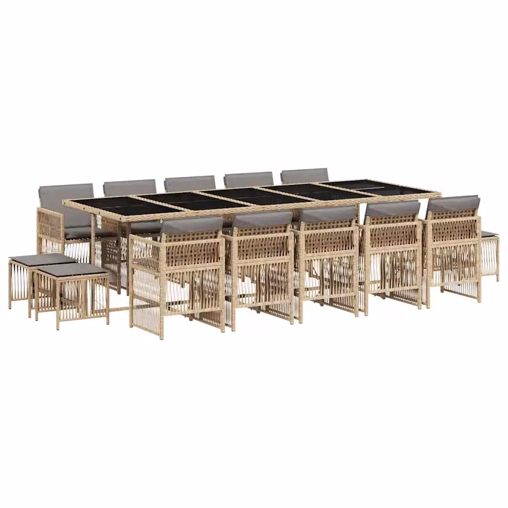 Set Pranzo da Giardino vidaXL in Polyrattan con Cuscini Beige e Tavolo in Vetro, 15 Pezzi – 2