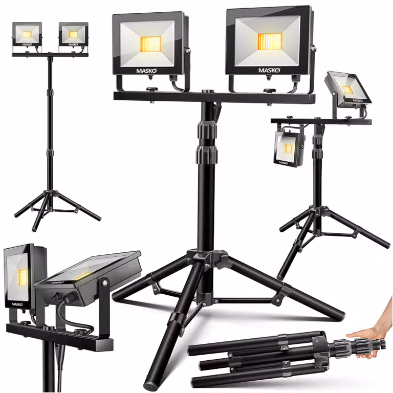 MASKO® Faretto da cantiere a LED con telecomando a treppiede 100W doppio 2x 50W faretto 6500K luce da lavoro luce da lavoro 5m faretto da cantiere lampada da interno esterno altezza regolabile fino a max. 202cm