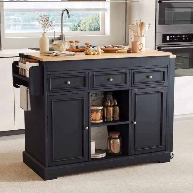 Isola cucina mobile con piano estraibile e 3 cassetti, per cucina e sala da pranzo, in MDF, nero, 112 × 45 × 92 cm