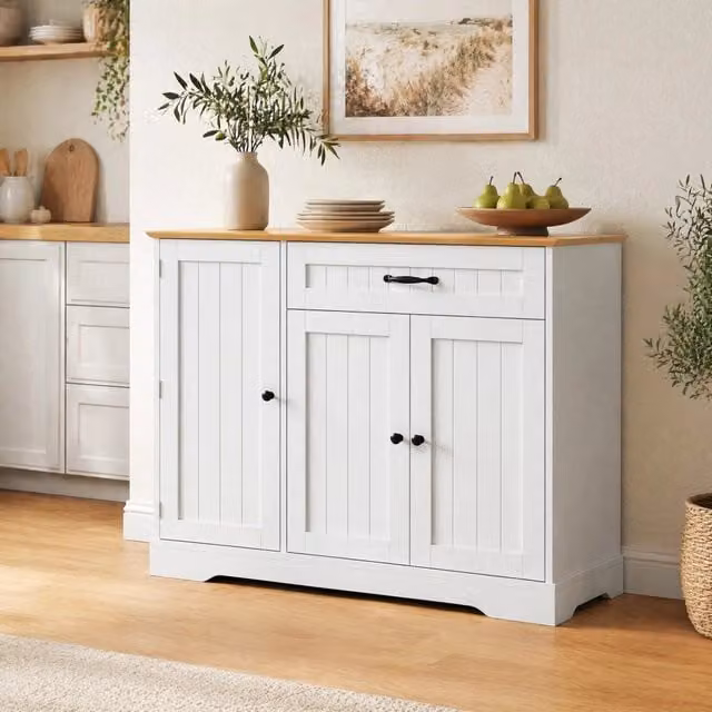 Sideboard con 3 ante e cassetto; ripiani regolabili in MDF; bianco e naturale