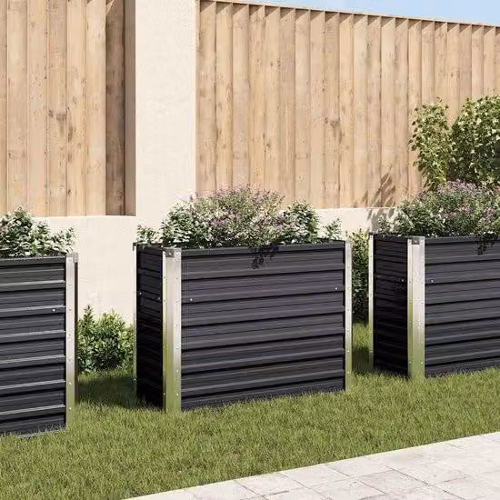 Vaso da giardino XL in terracotta con aiuola per erbe aromatiche, per balconi e terrazze - 160 x 40 x 77 cm - Antracite - Tubo in acciaio zincato