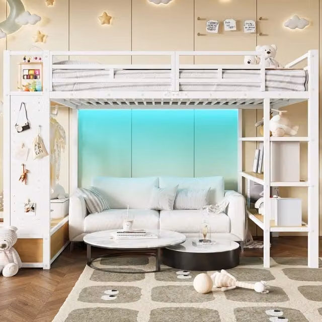 Letto a soppalco 140x200 cm in metallo e MDF; con armadio aperto; scaffali e LED; bianco
