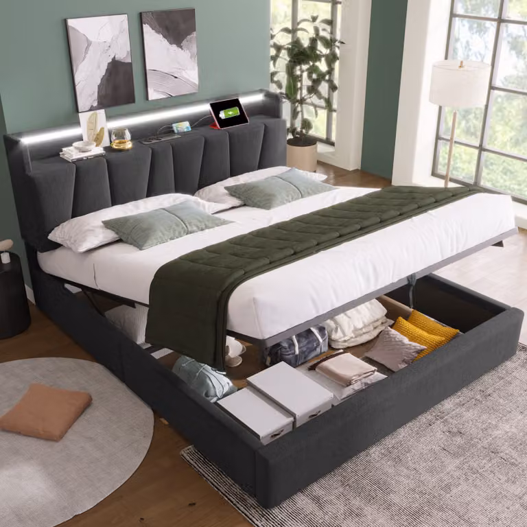 Letto imbottito Sweiko letto matrimoniale con testata contenitore con funzione di ricarica USB e illuminazione a LED, struttura letto contenitore 160x200cm, grigio