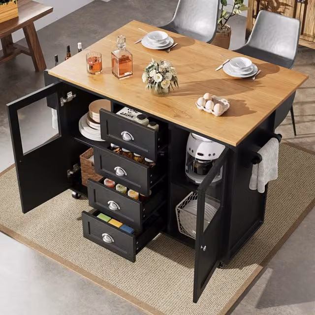 Isola Cucina con Ruote e Cassetti ¨C MINIMAL ¨C Bianco/Nero, 120x93x73 cm