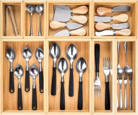 Organizer in bambù, set da 8 pezzi, color argento, per cassetti da cucina