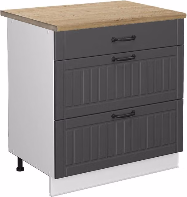 Mobiletto base per cucina Fame-Line Antracite rustico/Bianco 80 cm con 3 cassetti, PL Rovere Vicco