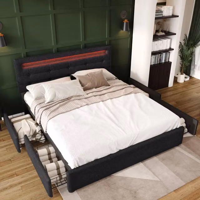 Letto matrimoniale imbottito 140 × 200 cm con 4 cassetti testiera LED regolabile in lino nero con rete a doghe
