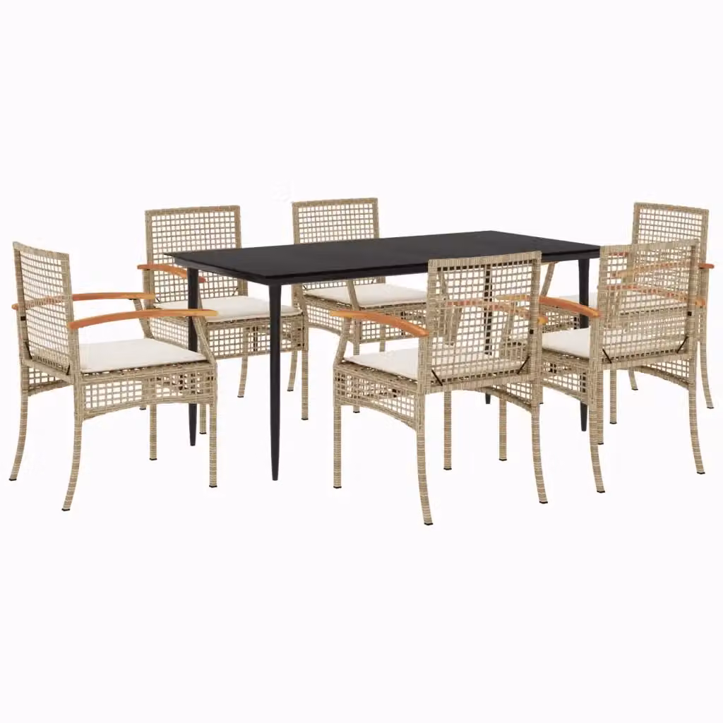 Set da pranzo da giardino vidaXL in polyrattan e legno di acacia con piano in vetro e cuscini beige, 7 pezzi – 2