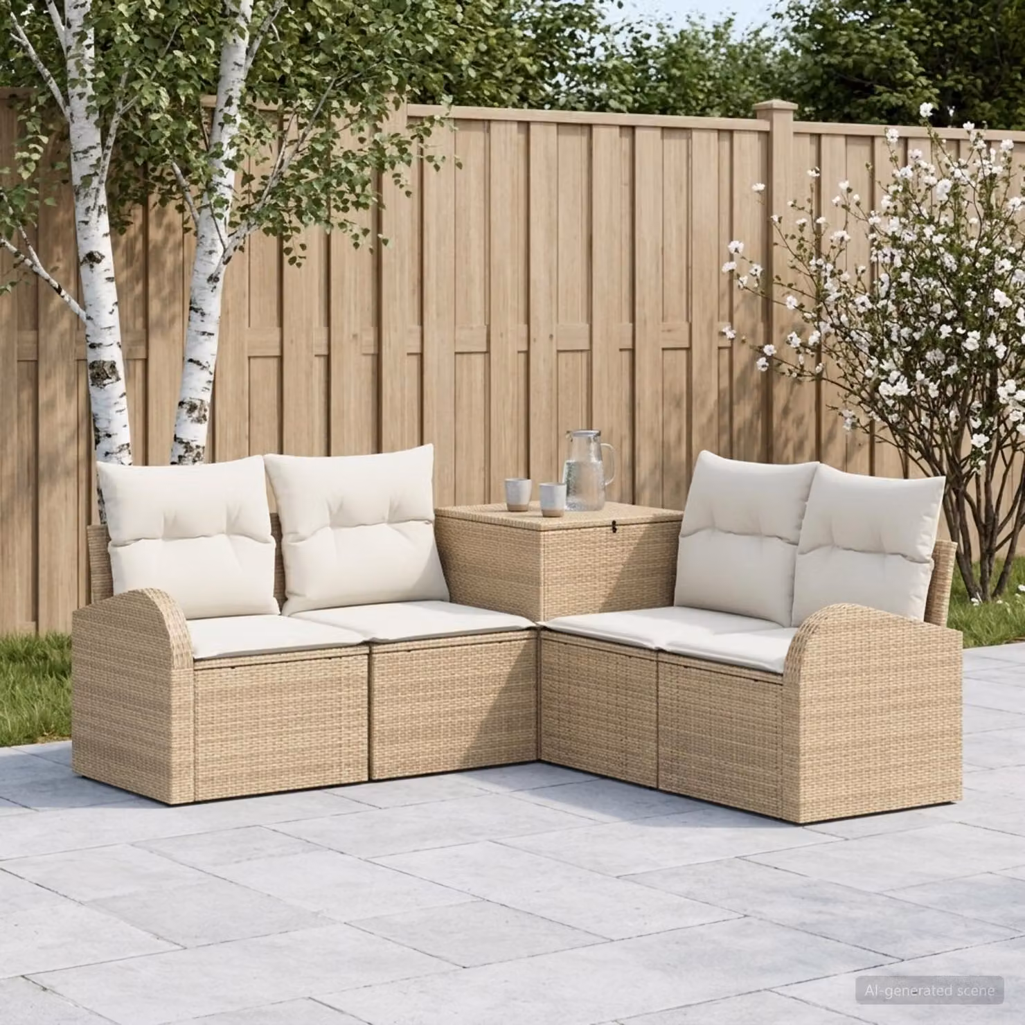 vidaXL Set di divani da giardino a forma di L composto da 5 pezzi in beige e bianco con struttura in metallo e cuscini inclusi