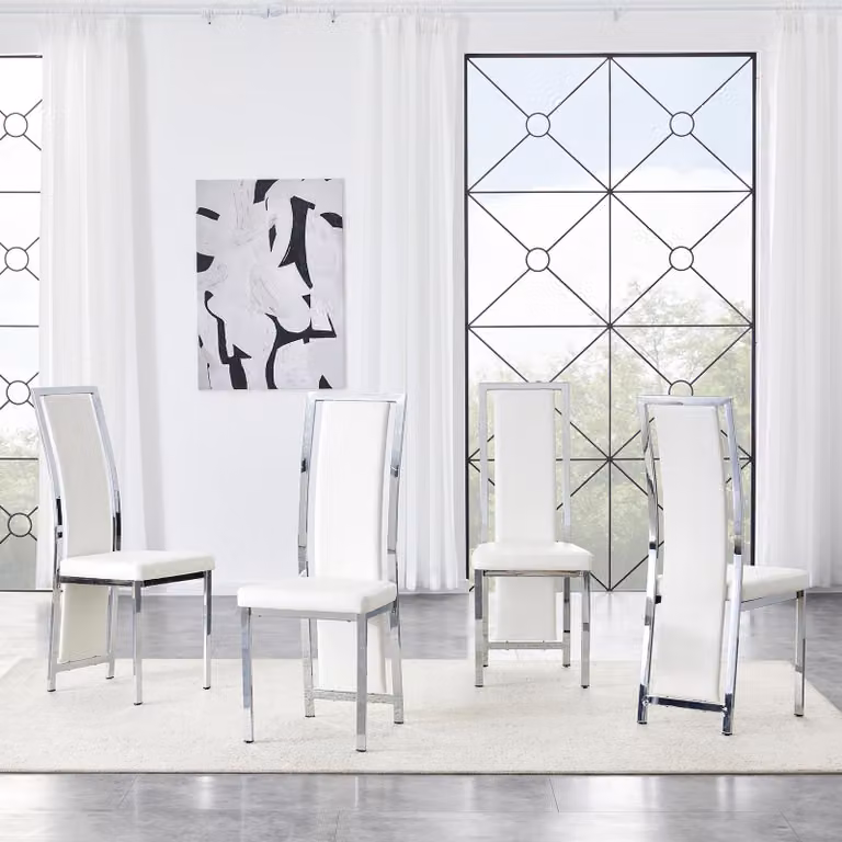 Set di 4 sedie da pranzo, con bordo decorativo, rivestite in PU, struttura in metallo (bianco e argento)