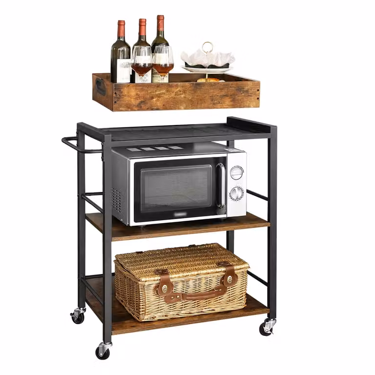 Carrello da Cucina con Vassoio Rimovibile, Marrone Vintage + Nero Opaco