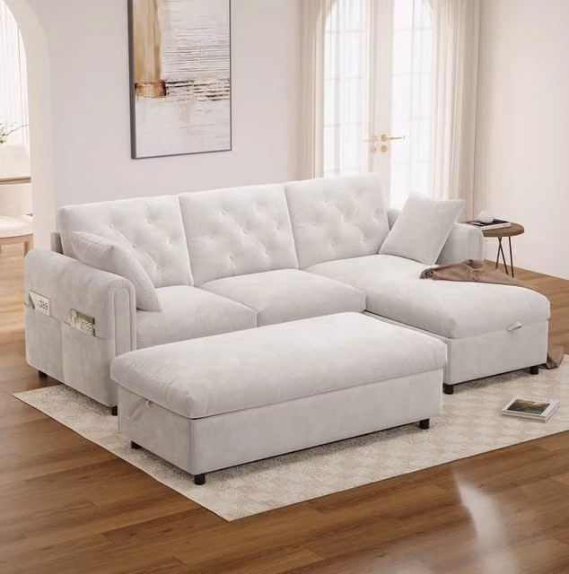 Divano con chaise longue e pouf contenitore; 219 x 131 x 86 cm; beige