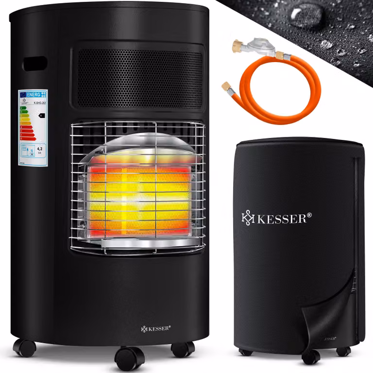 Riscaldatore a gas KESSER® in Vetroceramica da 4200 Watt, con regolatore di pressione del gas e tubo flessibile - Stufa a gas con copertura protettiva, bruciatore a infrarossi in Vetroceramica, bombole di gas butano o propano