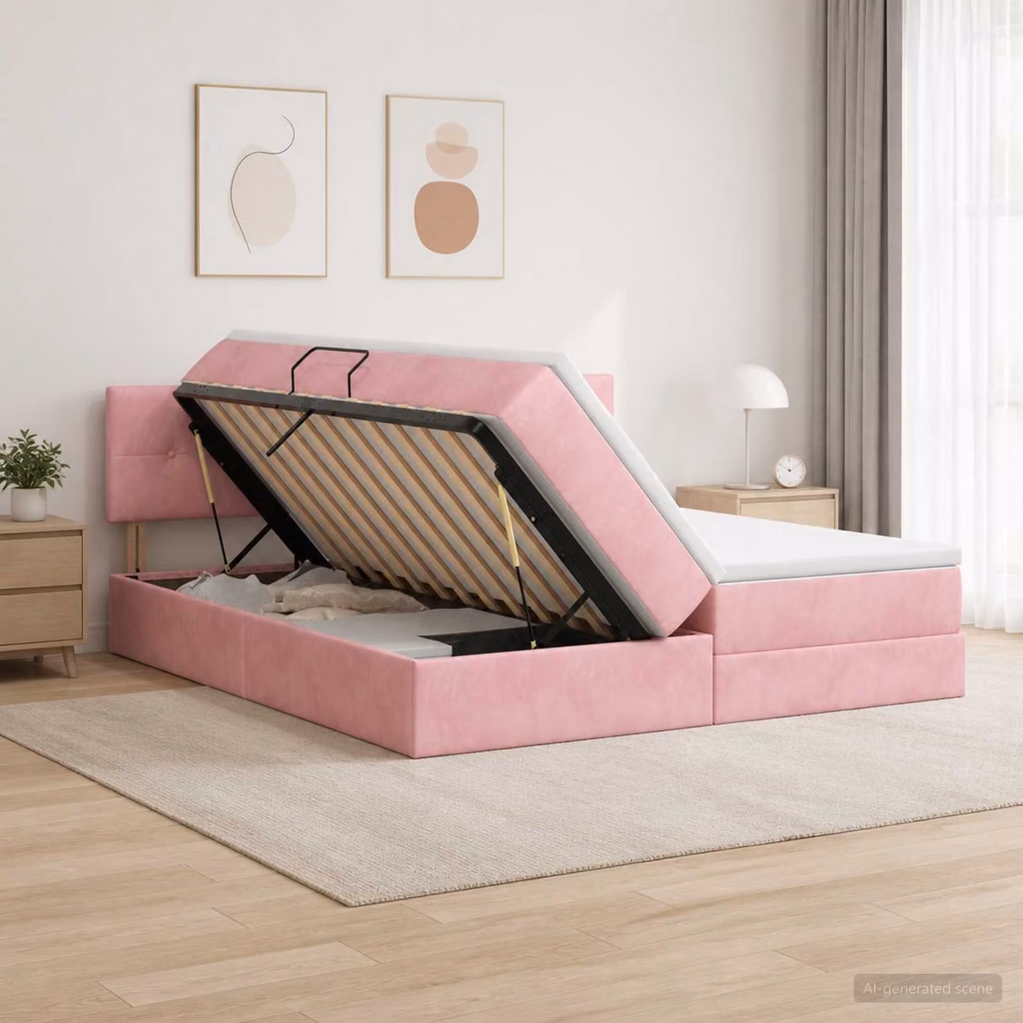 Letto con contenitore e testiera vidaXL in velluto rosa e bianco L/P/H: 200 x 200 x 88 cm