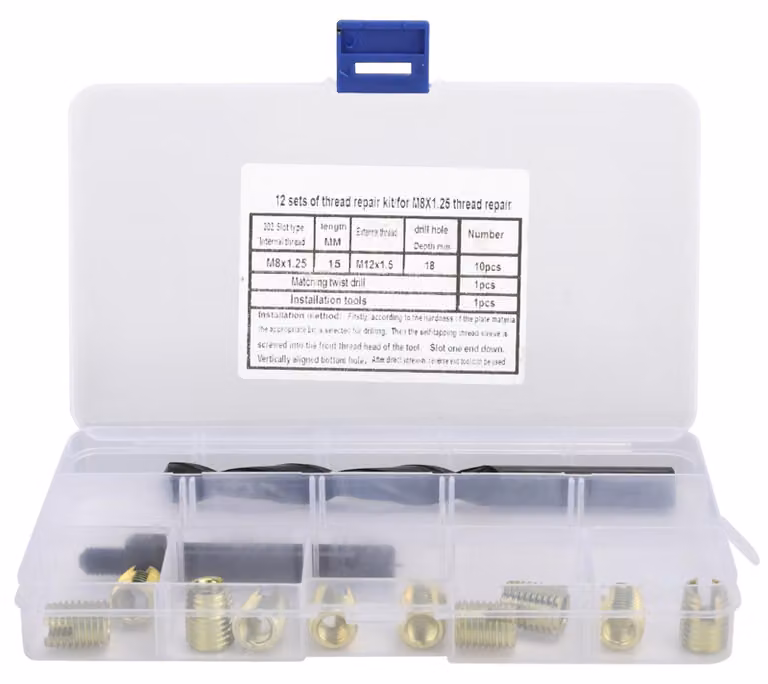 Kit di riparazione filettature M8 x 1,25, composto da 12 elementi, con inserti autofilettanti, set di utensili