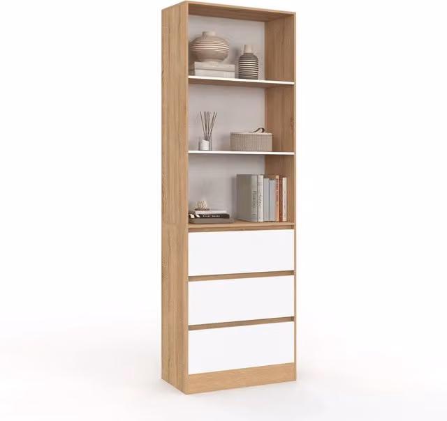 Libreria IDMarket CARLA con 3 livelli e 3 cassetti, colore bianco ed effetto legno, H 190 cm