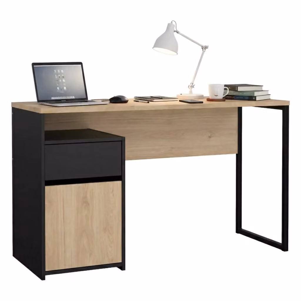 Scrivania Mele DMORA per ufficio e casa, tavolo moderno per computer in rovere e nero, L: 130 cm, P: 48,4 cm, H: 76,5 cm – 2