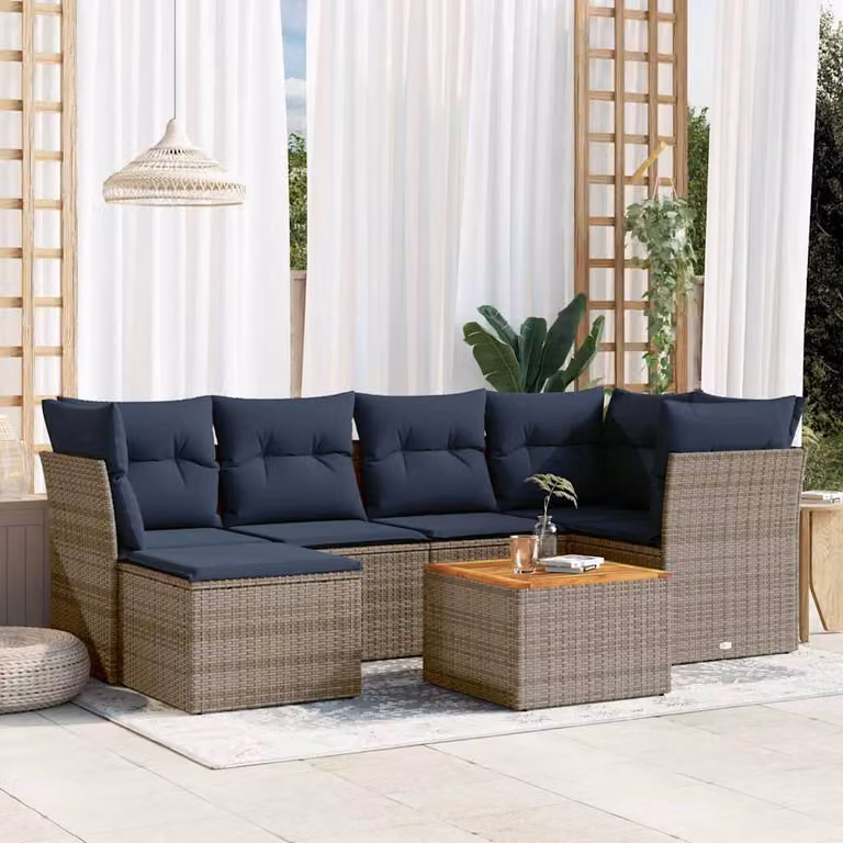 Set Divani da Giardino vidaXL 7 pz in Polyrattan con Cuscini e Tavolino, Grigio e Blu
