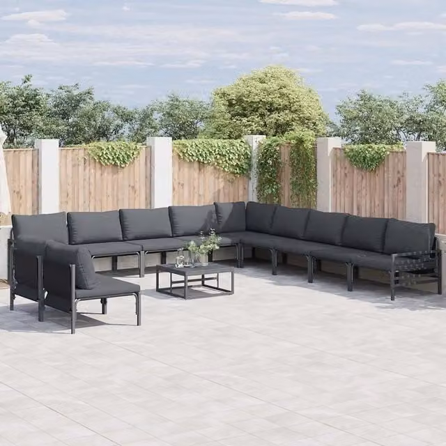 Set Divano da Giardino a L vidaXL in Acciaio Antracite e Nero con 11 Pezzi e Cuscini Inclusi